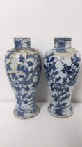 A pair of late 19th/early 20th century Chinese blue and white vases decorated with dragons and