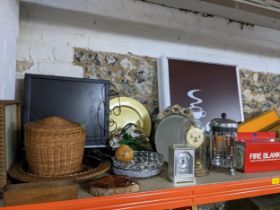 A mixed lot to include a Fust coffee sign, boxed snooker cue, wooden ware items and a wicker basket,