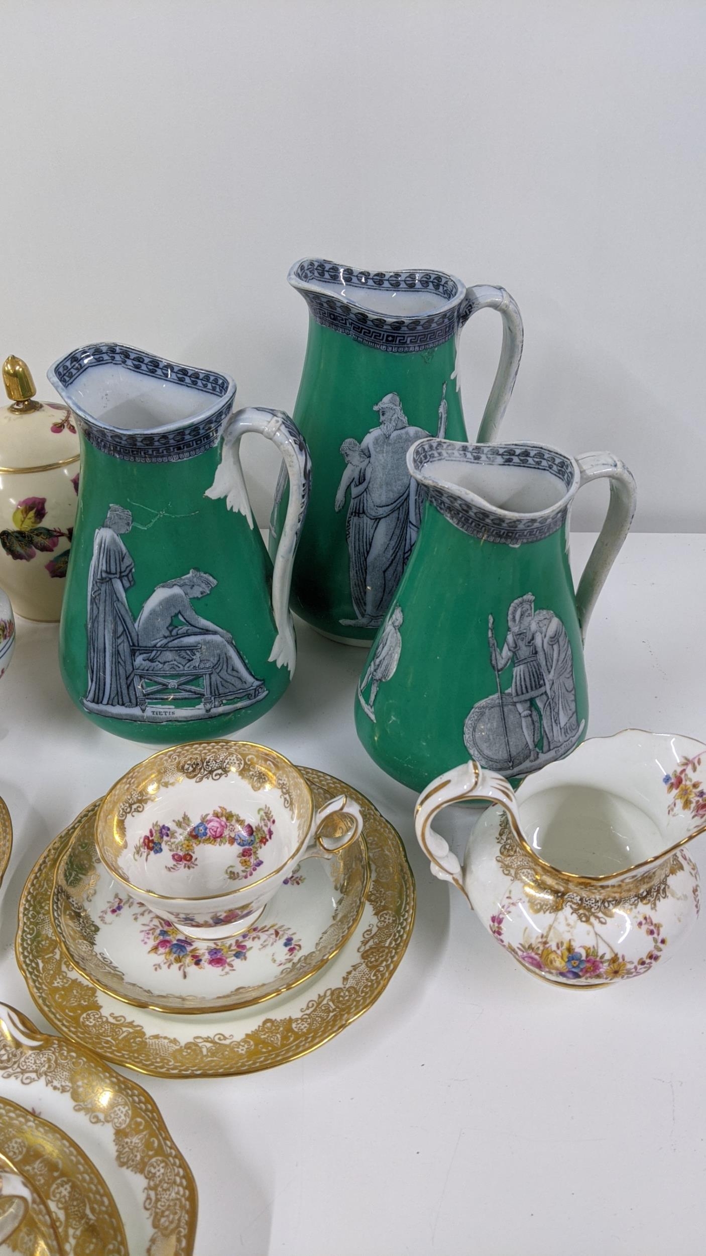 A mixed lot to include three Flaxman Grecian jugs together with Lawleys Regent Street part tea - Image 2 of 6