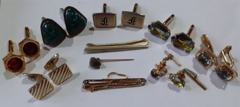 A group of late 20th Century gold tone cufflinks, a pair of Mexican silver and green stone