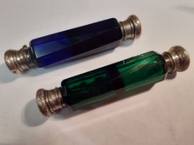 Two Circa 1900 coloured glass double ended scent bottles with white metal lids. Location:RAB