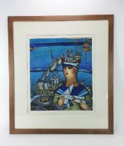 A contemporary surrealist art limited edition serigraph, depicting a maritime themed figural scene