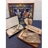 A mixed lot to include a mid 20th Century vanity set and dressing table set, a 1981 commemorative