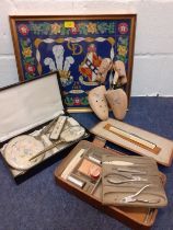 A mixed lot to include a mid 20th Century vanity set and dressing table set, a 1981 commemorative