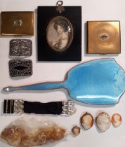 A mixed lot comprising a 1920's blue enamelled hand mirror, a 19th Century miniature print reputedly