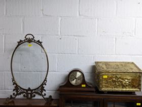 A lot to include a brass clad slipper box, gilt brass framed oval screen with glazed panel, and a