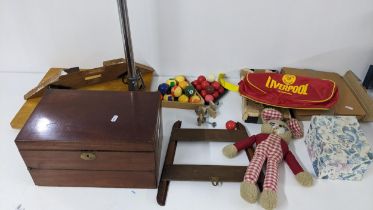 A mixed lot to include a vintage bear, 19th century writing slope, snooker balls and other items