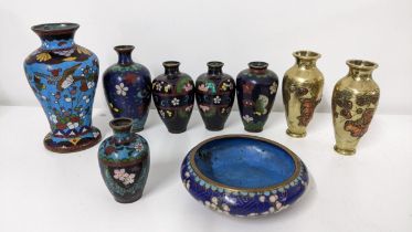 Mixed Chinese cloisonné items to include various vases and bowl together with a pair of gilt metal