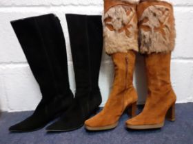 Charles Jourdan- A pair of 20th Century brown suede and animal fur boots with 3½" block heels,