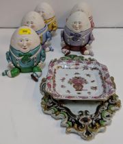 Five Humpty Dumpty China storage jars with a lid (head) on a hinge and moveable limbs, and a