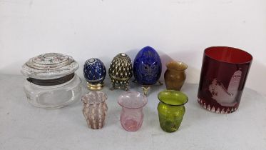 Mixed glassware to include Russian Faberge blue glass egg on a gilt stand and others together with