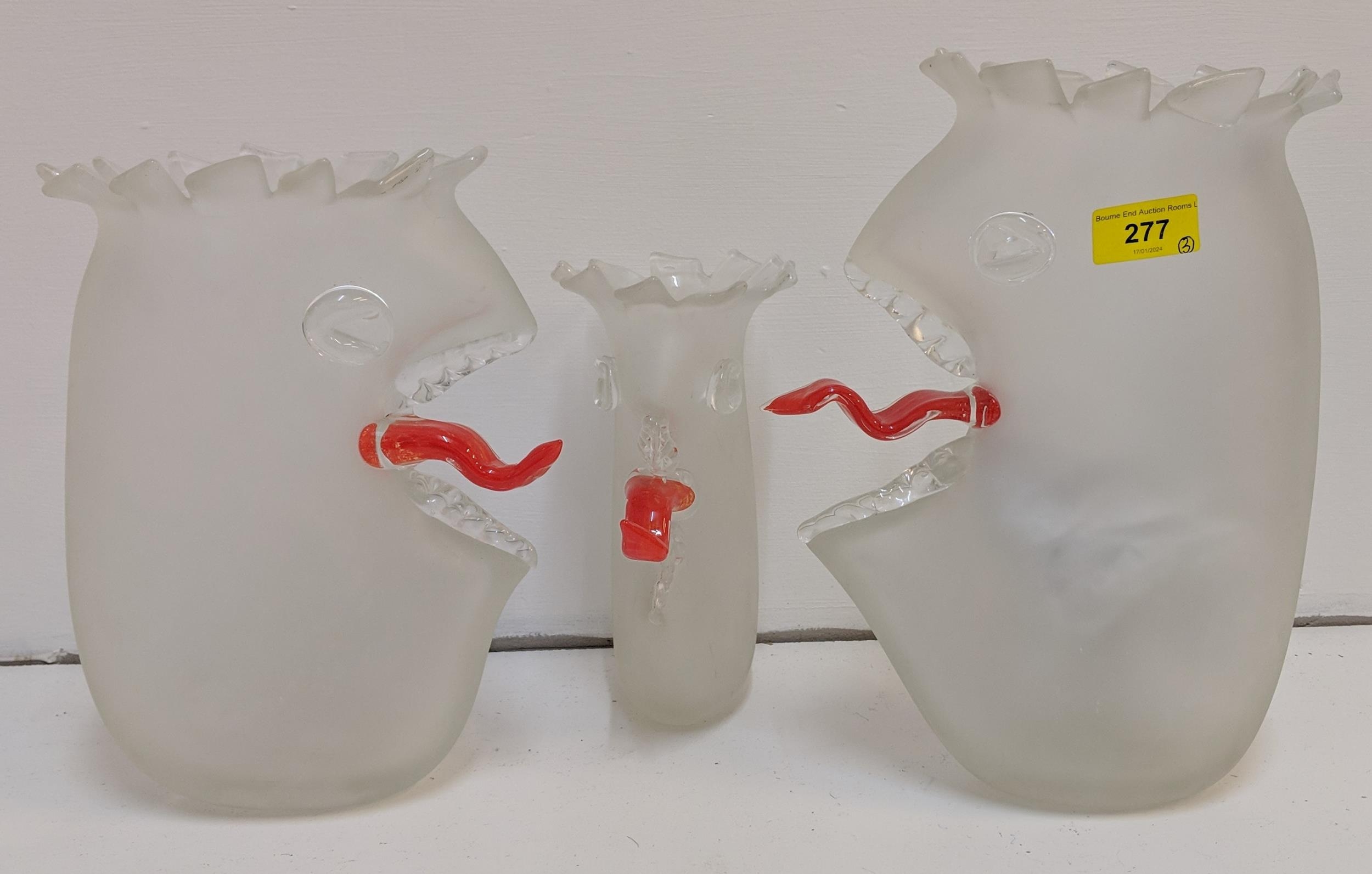 Three novelty frosted glass vases by Louis Thompson one 20cm high, and another 25cm high and the