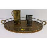 Metalware to include a large brass tray with a raised gallery border, a George II style large