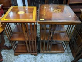 An early 20th century inlaid walnut revolving bookcase, and a later inlaid mahogany revolving