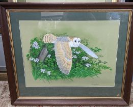 Andy Graystene - A gouache depicting an owl, signed to the lower right corner, 62cm x 45.5cm, framed