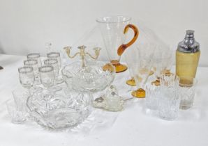 A handblown crackle glazed jug together and four matching glasses together with crystal cut drinking