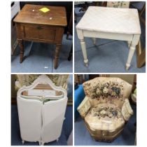 Mixed furniture to include an Art Deco chair, stool, mirror and a work stool Location: