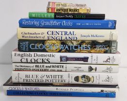 A small collection of books to include 'Clocks & Watches' by Ronald Pearsall and 'Blue & White