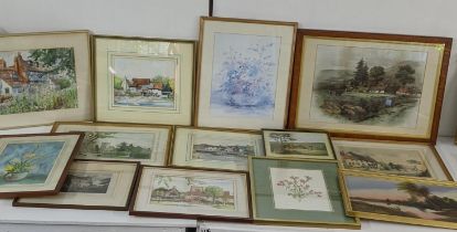 Mixed pictures to include watercolours depicting village scenes to include Edward Darby, Margaret