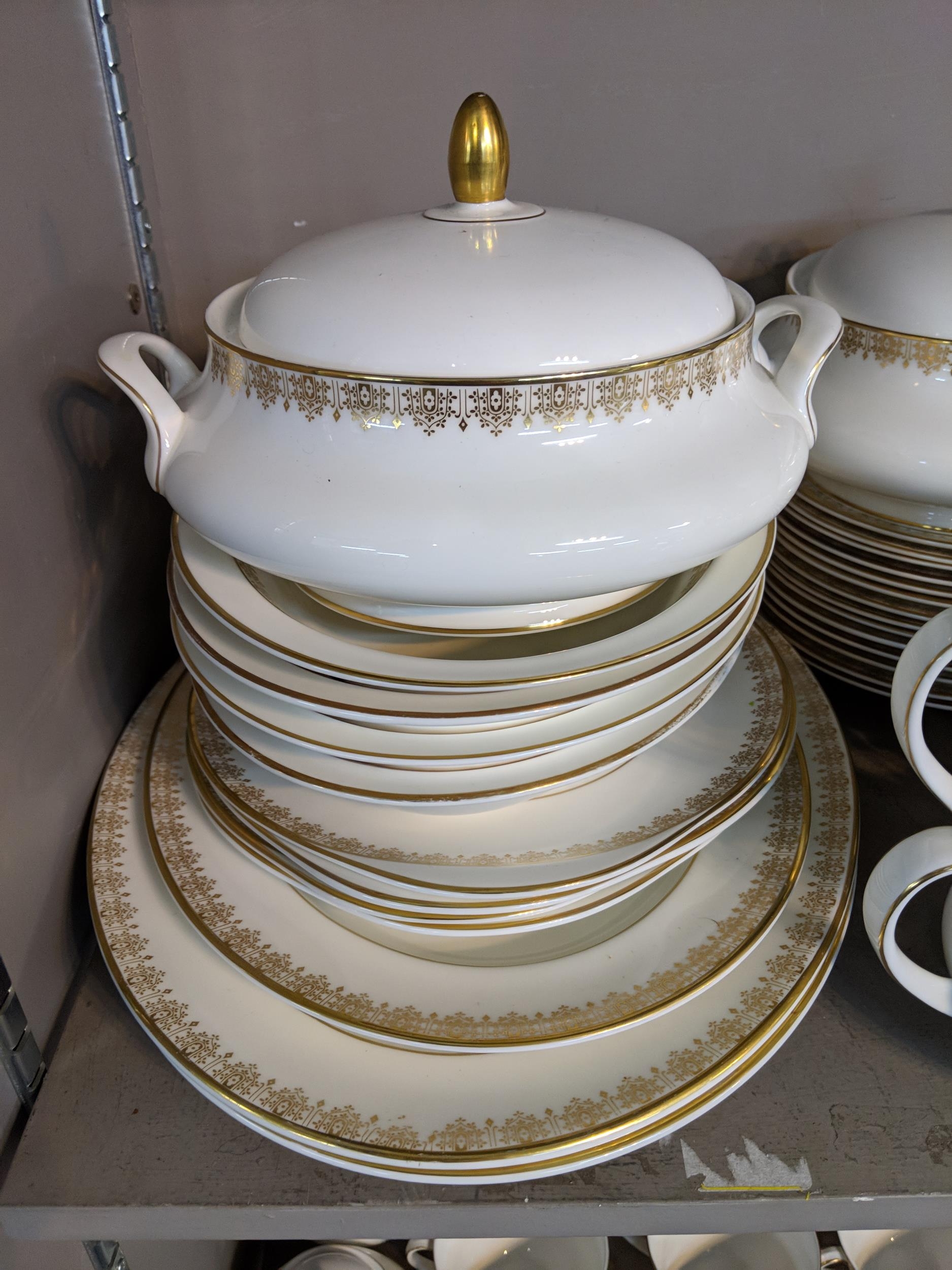A Royal Doulton 'Gala Lace' pattern dinner service to include tow meat plates, two teapots, - Image 2 of 9
