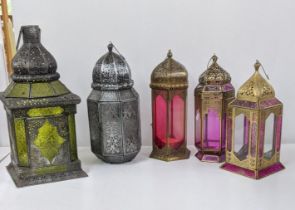 Five various Moroccan style hanging glass lanterns Location: