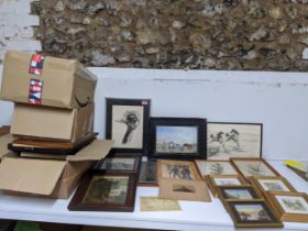 A quantity of framed and glazed prints and embroideries to include a Chinese picture of horses