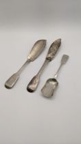 Two silver fish knives together with a silver sugar spoons, 127.1g Location: