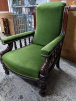 Victorian mahogany and upholstered open armchair, arms supported by four turned columns on turned