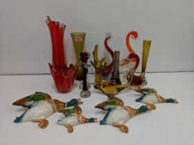 Art and coloured glass models of ducks, swans also to include vases and four china Beswick ducks