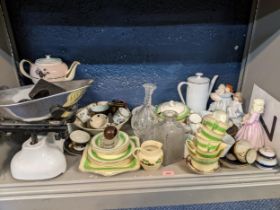 A mixed lot to include Crown Devon china, glassware, a set of vintage kitchen scales, two Royal