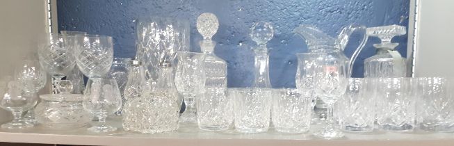 Mixed cut glass to include a Waterford brandy decanter, a Royal Brierly vase, whisky tumblers and