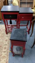 Three modern black and red painted Chinese style tables, one with a drawer Location:A2F