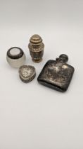 Mixed silver to include a floral embossed trinket, a hip flask, pepper pot and one other Location: