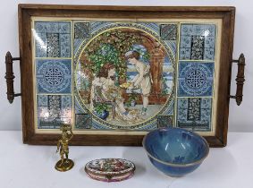 A late 19th century tile panelled tray cracked, a Capodimonte pill box A/F, a studio pottery bowl, a