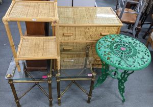 Mixed furniture to include a green painted garden table, wicker chest of drawers with matching