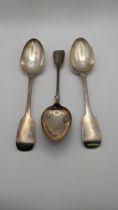 Three silver fiddle pattern tablespoons, total weight 221g Location: