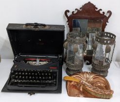 A mixed lot to include a Chippendale style mahogany mirror, crumb tray and brush, Oliver typewriter,