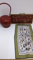 Modern Chinese collectables to include a carved panel, a red lacquered wooden pot and cover and an