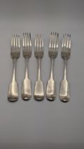 Five silver fiddle pattern dinner forks, total weight 384.7g Location: