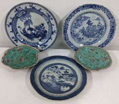 18th and 19th century Chinese ceramics to include three blue and white plates, and a pair of