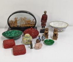 A mixed Oriental lotto include cinnabar boxes, cloisonne vases, cork diorama and others Location: