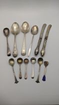 Mixed silver cutlery and flatware to include a pair of silver handled knives and others, total