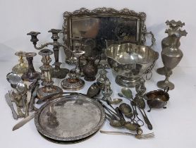 Mixed silver plated items to include a twin handled tray, Sheffield plate candlestick, cutlery and