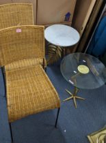 Mixed furniture to include a pair of vintage wicker chairs and two gilt painted occasional tables,