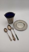 A silver pin dish together with a white metal sugar basket, along with a sterling silver pickle