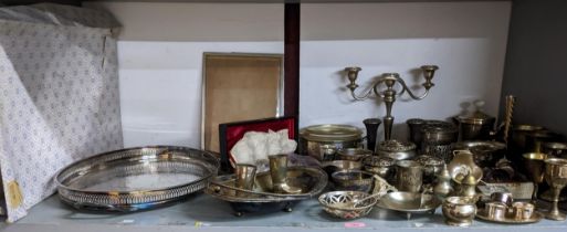 A mixed lot of silver plated items to include a boxed cavalier oval gallery tray, two branch