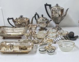 Mixed silver plated items to include a tea and coffee pot, four footed embossed, pierced edge