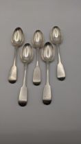 five fiddle pattern silver teaspoons, hallmarked London 1850, total weight 106.1g Location: