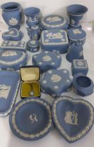A collection of Wedgwood blue jasperware to include trinket boxes, miniature teapot heart shaped
