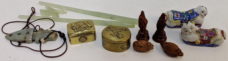 Chinese and Japanese collectables to include brass boxes, jade coloured chopsticks, knife, carved